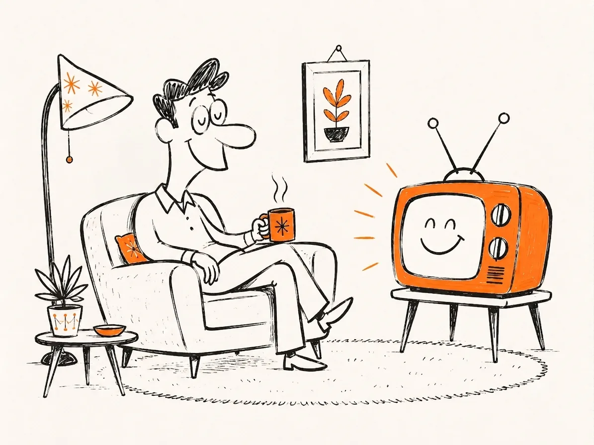 The same man relaxing calmly with a coffee, happily watching a cheerful television — his library finally sorted.