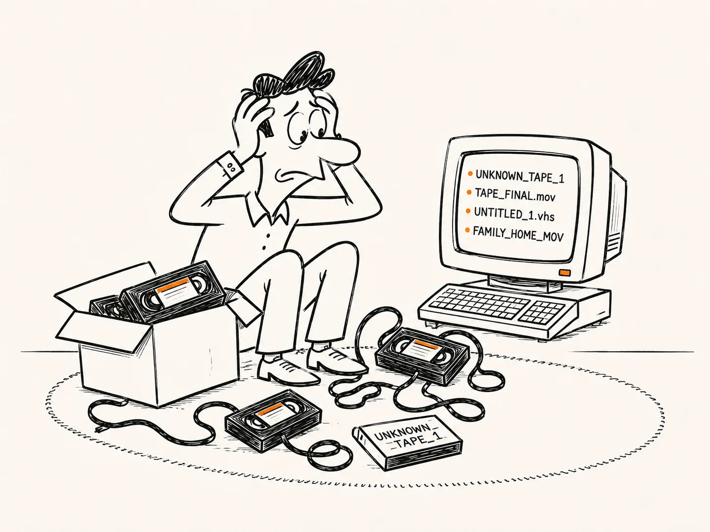 A frazzled man surrounded by a chaotic pile of unlabeled VHS tapes and tangled cables, with a computer screen full of cryptic filenames like MASTER_0_FINAL_v3.mov.